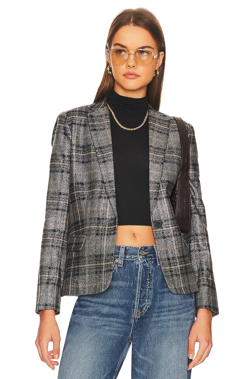 L'AGENCE Diana Skinny Lapel Blazer in Metallic Multi Plaid | REVOLVE