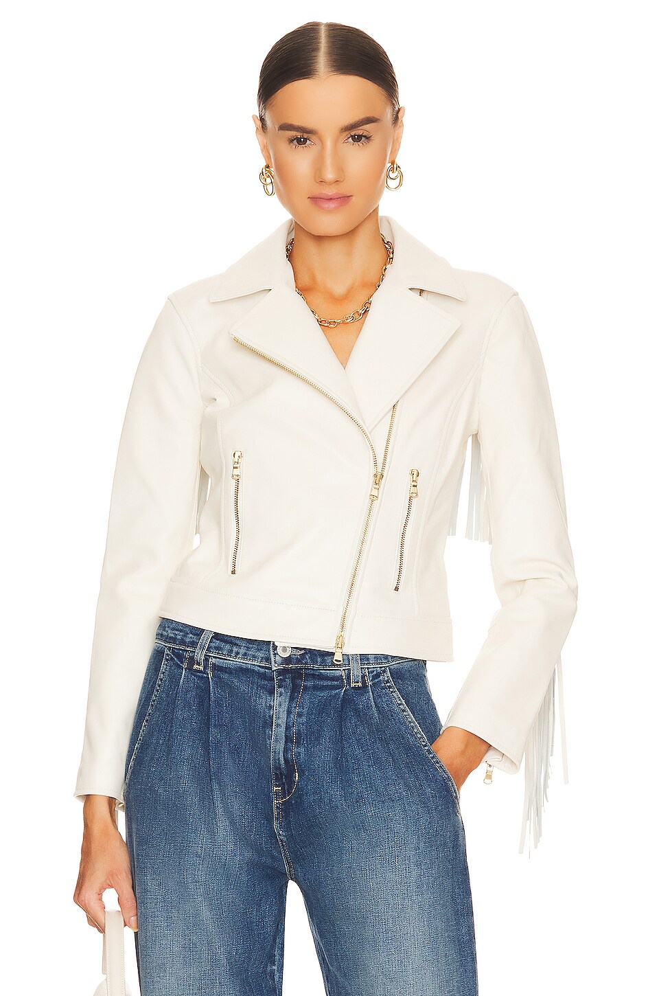 L'AGENCE Kravitz Fringe Leather Jacket in Cream