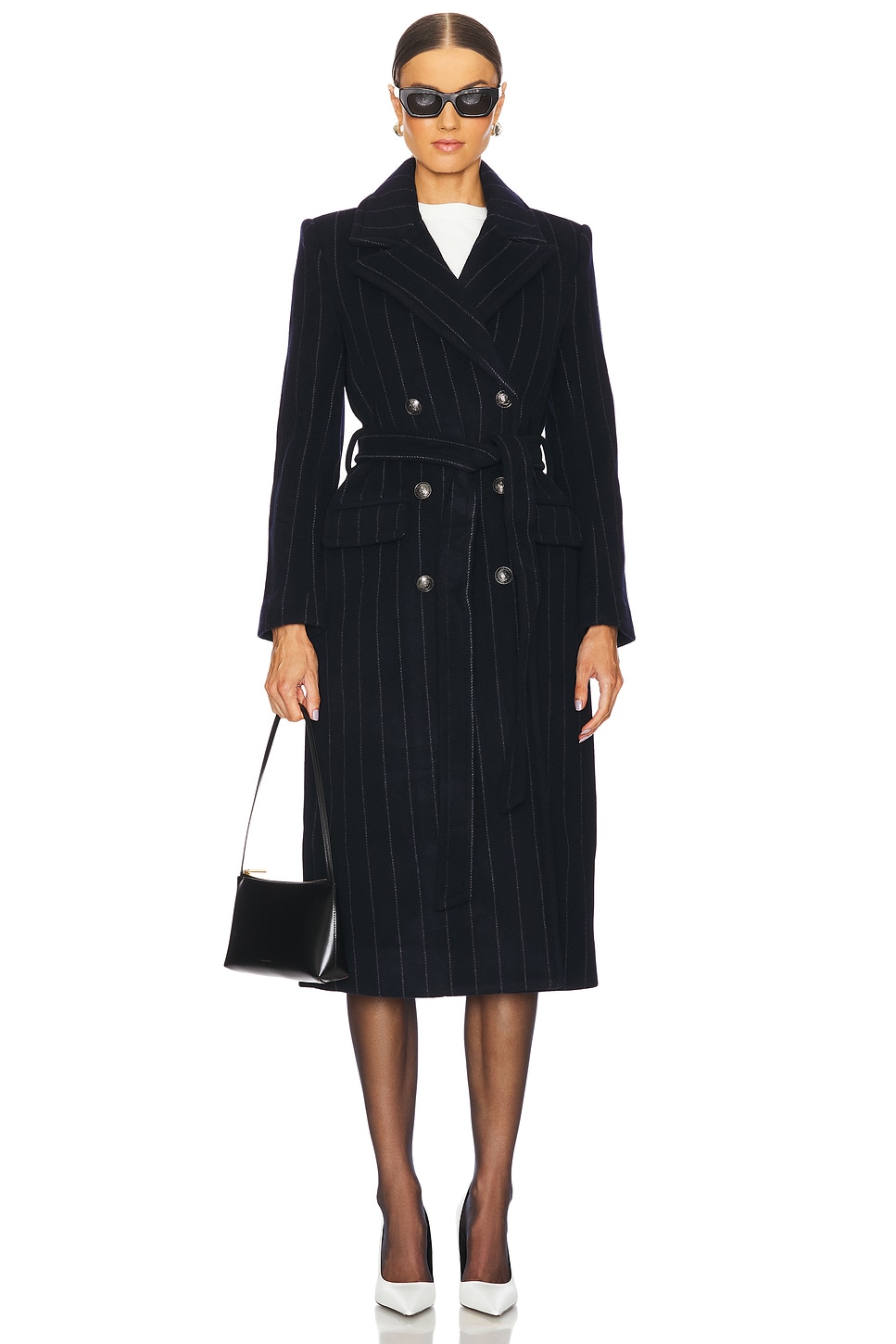 L'AGENCE Olina Long Coat With Belt in Midnight & Ivory | REVOLVE