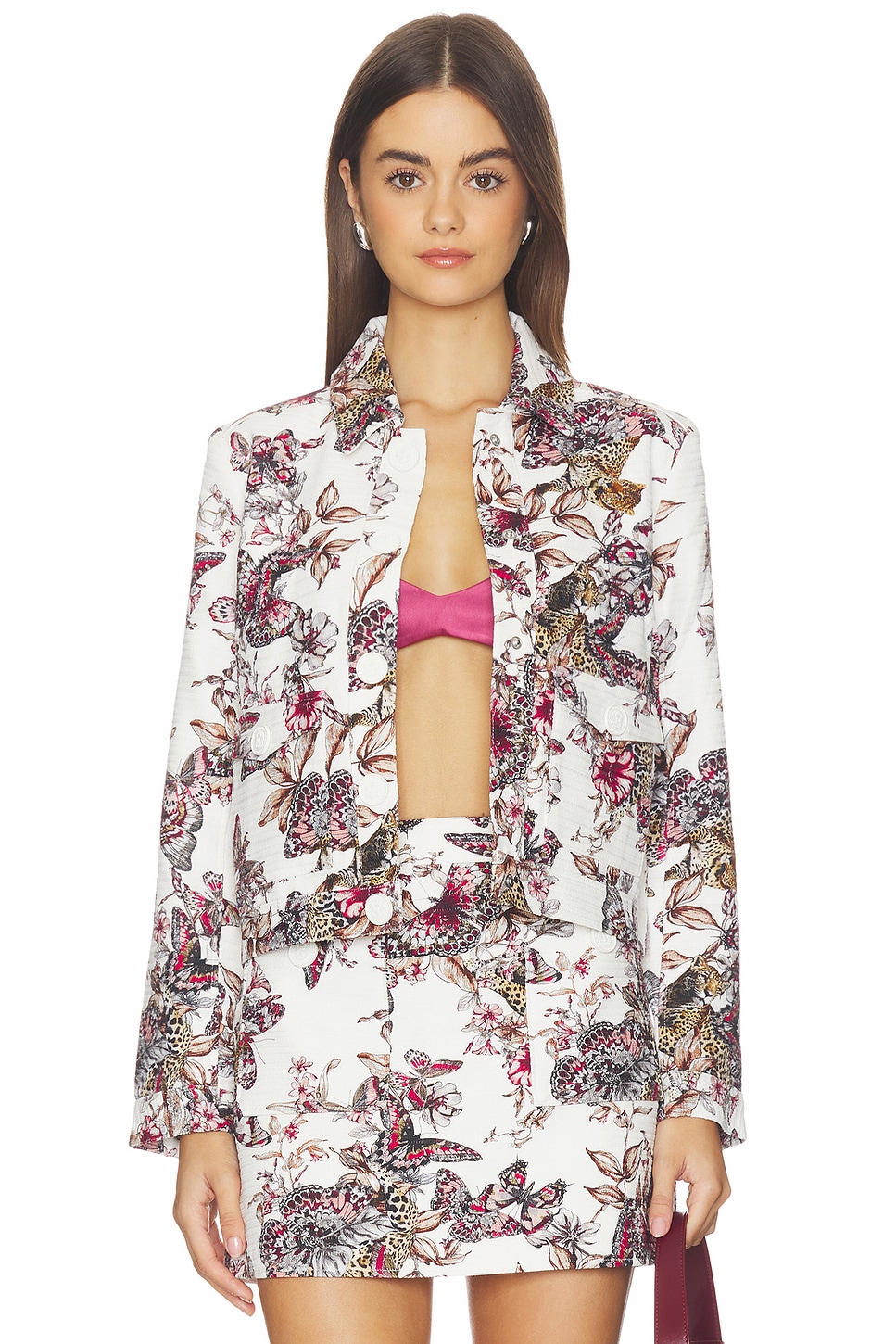 Nyx Crop Jacket in White Multi Large Butterfly Jungle