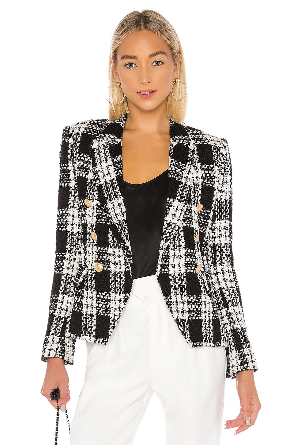 L'AGENCE Kenzie Double Breasted Blazer in Ivory & Black | REVOLVE