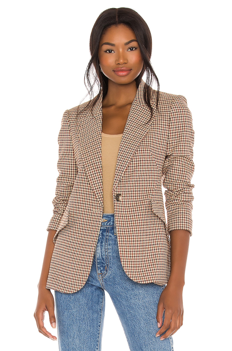 L'AGENCE Chamberlain Blazer in Tan & Burgundy Houndstooth | REVOLVE