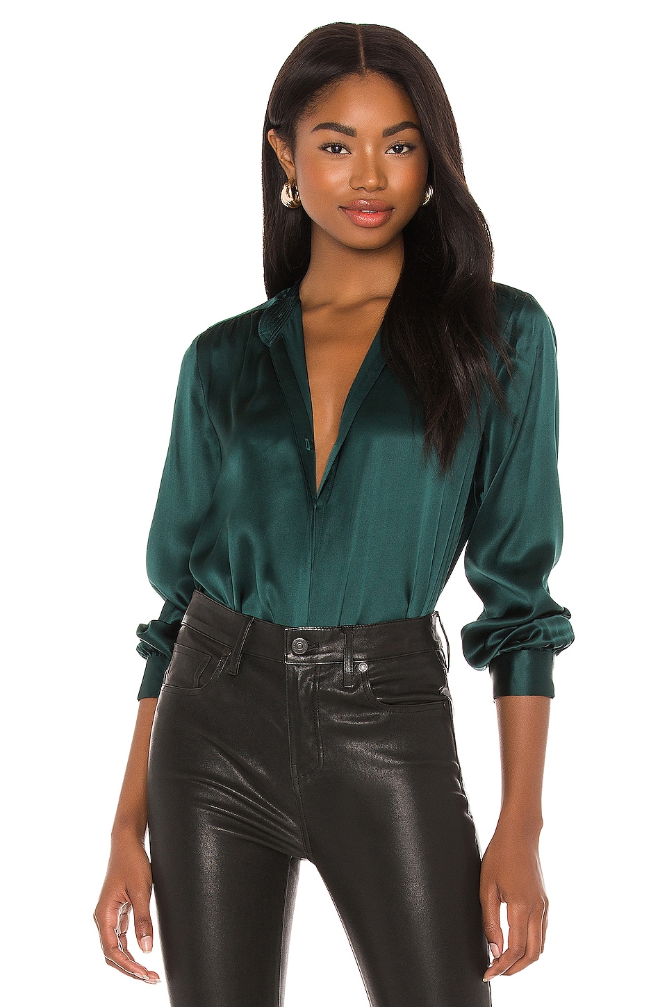 L'AGENCE Bianca Band Collar Blouse in Dark Glade | REVOLVE