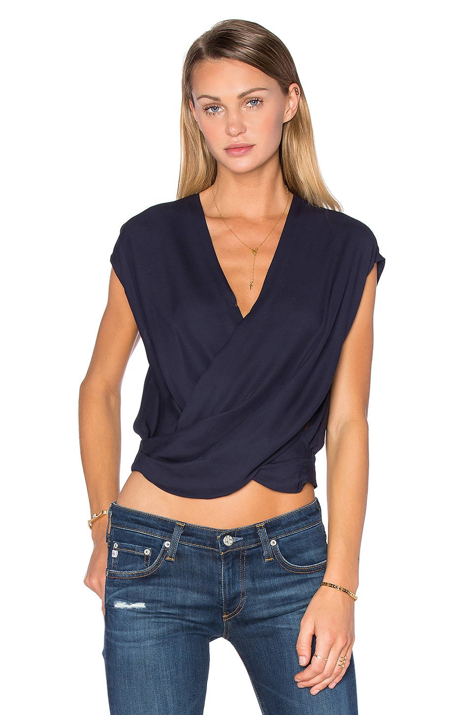 L'AGENCE T Lee Criss Cross Cropped Blouse in Midnight | REVOLVE