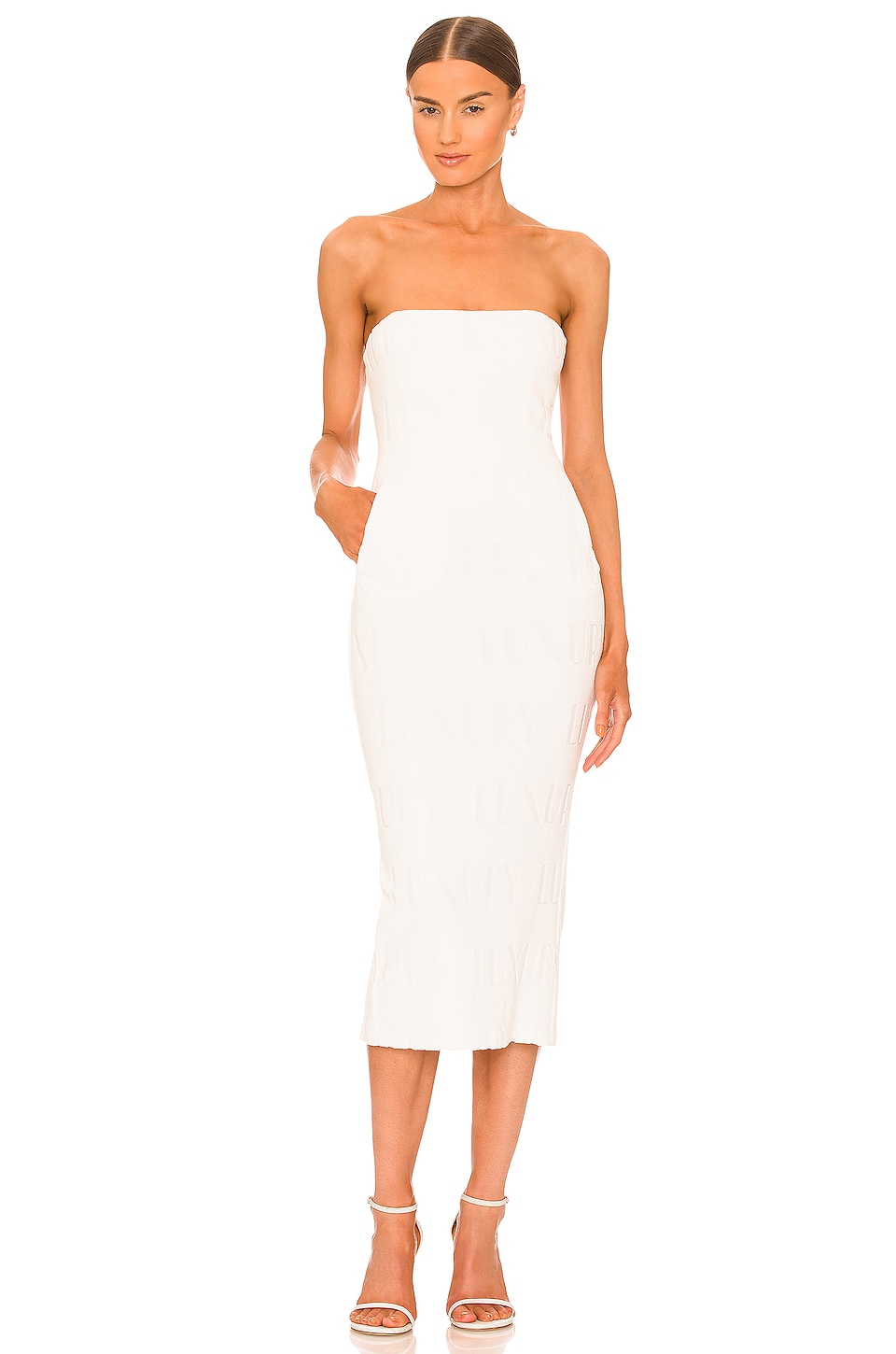 LaQuan Smith Strapless Midi Dress with Pockets in White | REVOLVE