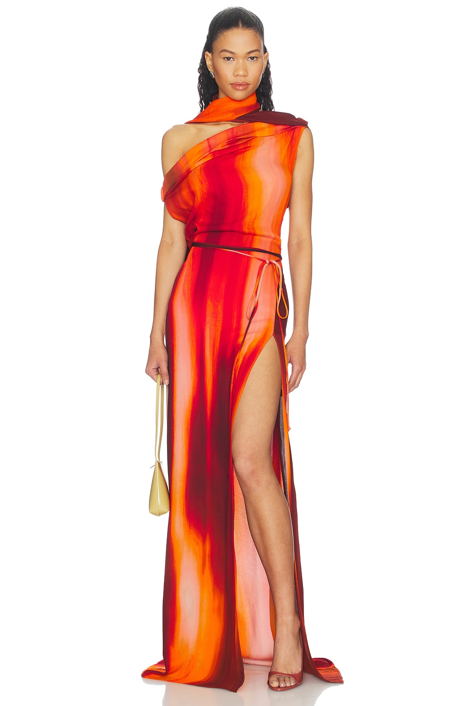 laquan smith orange dress LaQuan Smith Asymmetrical Draped Dress With Scarf in Multi