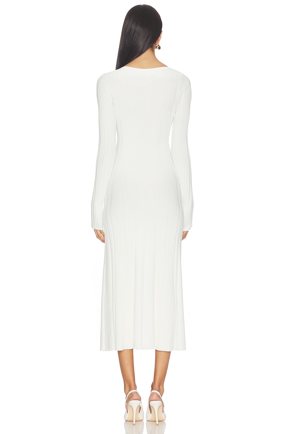 white knit midi dress long sleeve White Knit Midi Dress With Belted Waist and Long Sleeves