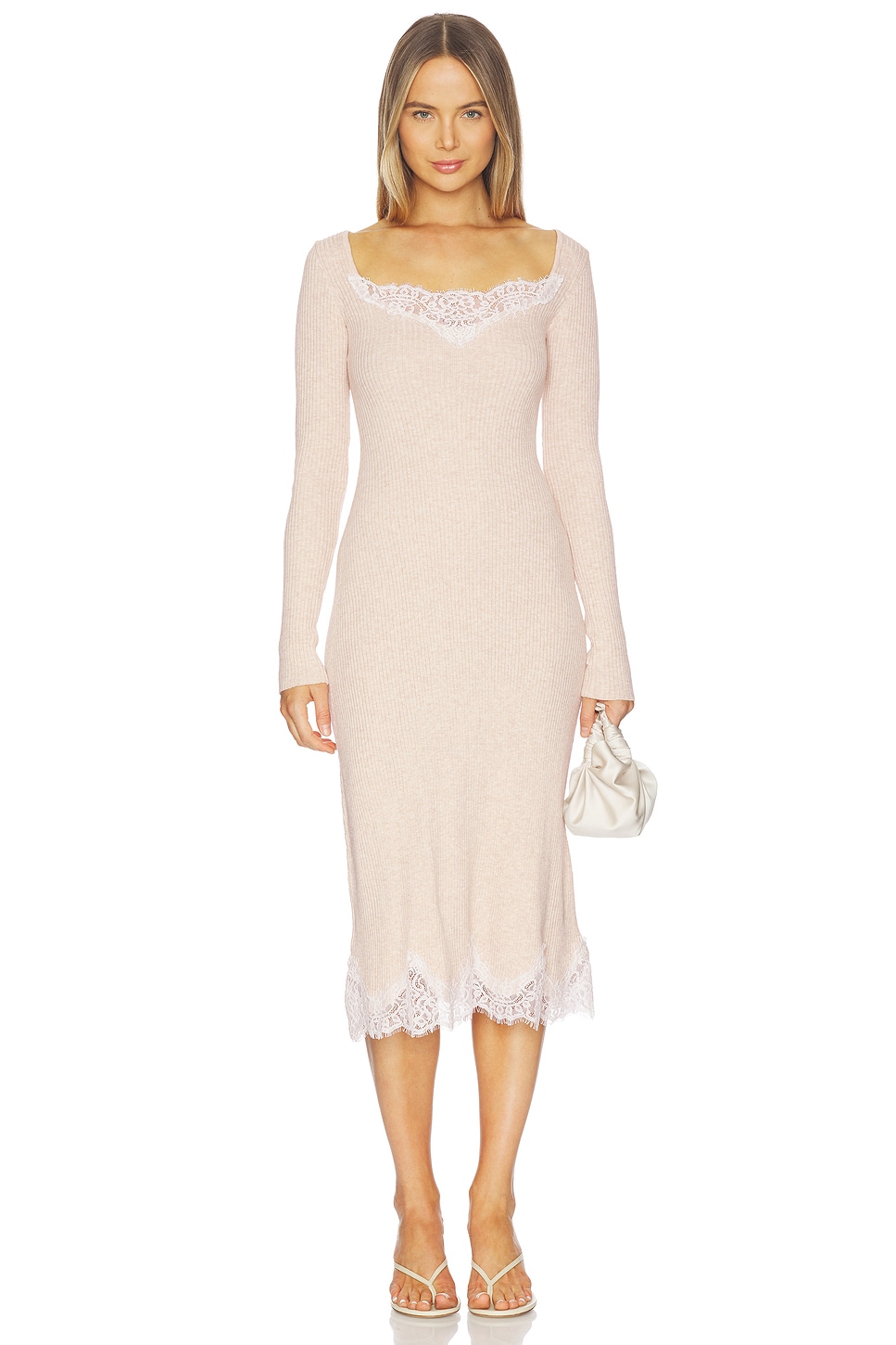 Ariadne Knit Lace Detail Dress in Beige W/ White Lace View 1 of 6