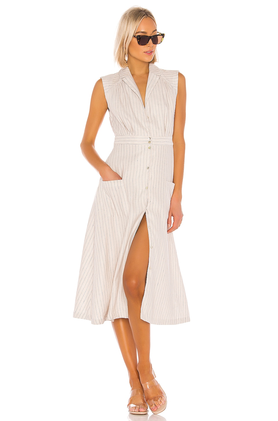 L'Academie The Helene Midi Dress in Beige & Navy Stripe