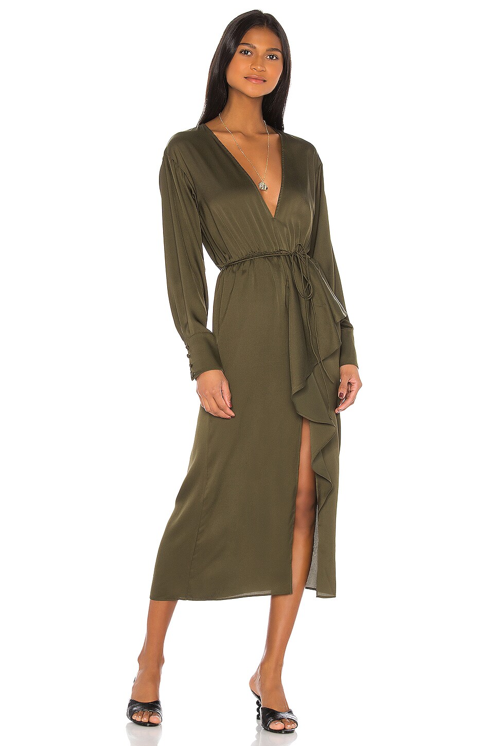 olive green midi dress with sleeves