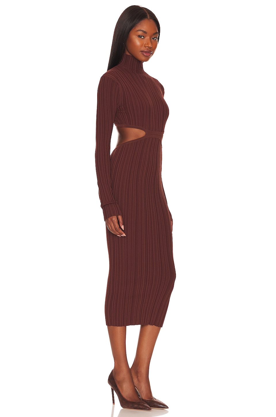 L'Academie Banji Turtleneck Cut Out Midi Dress in Dark Brown