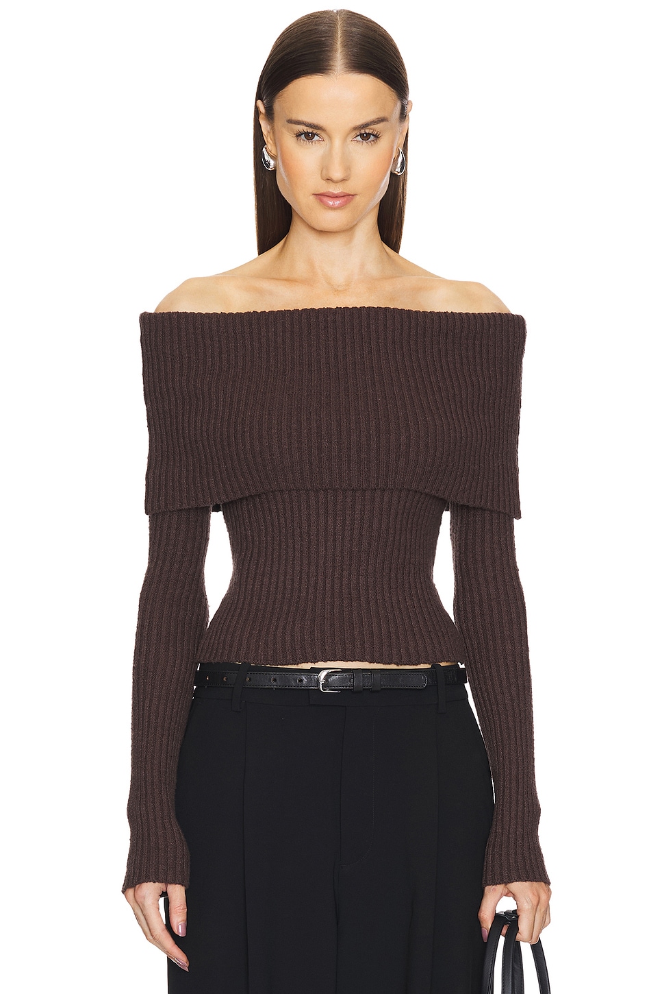 L'Academie Namir Off Shoulder Sweater in Chocolate Brown | REVOLVE