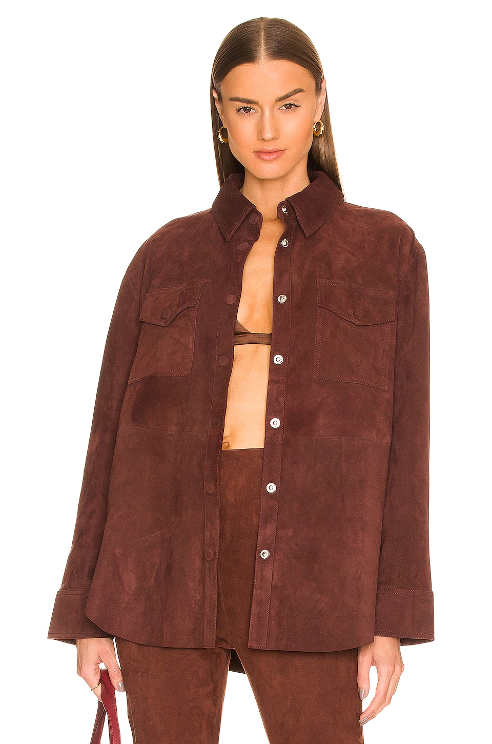 Image 1 of Suede Leather Shacket in Brown