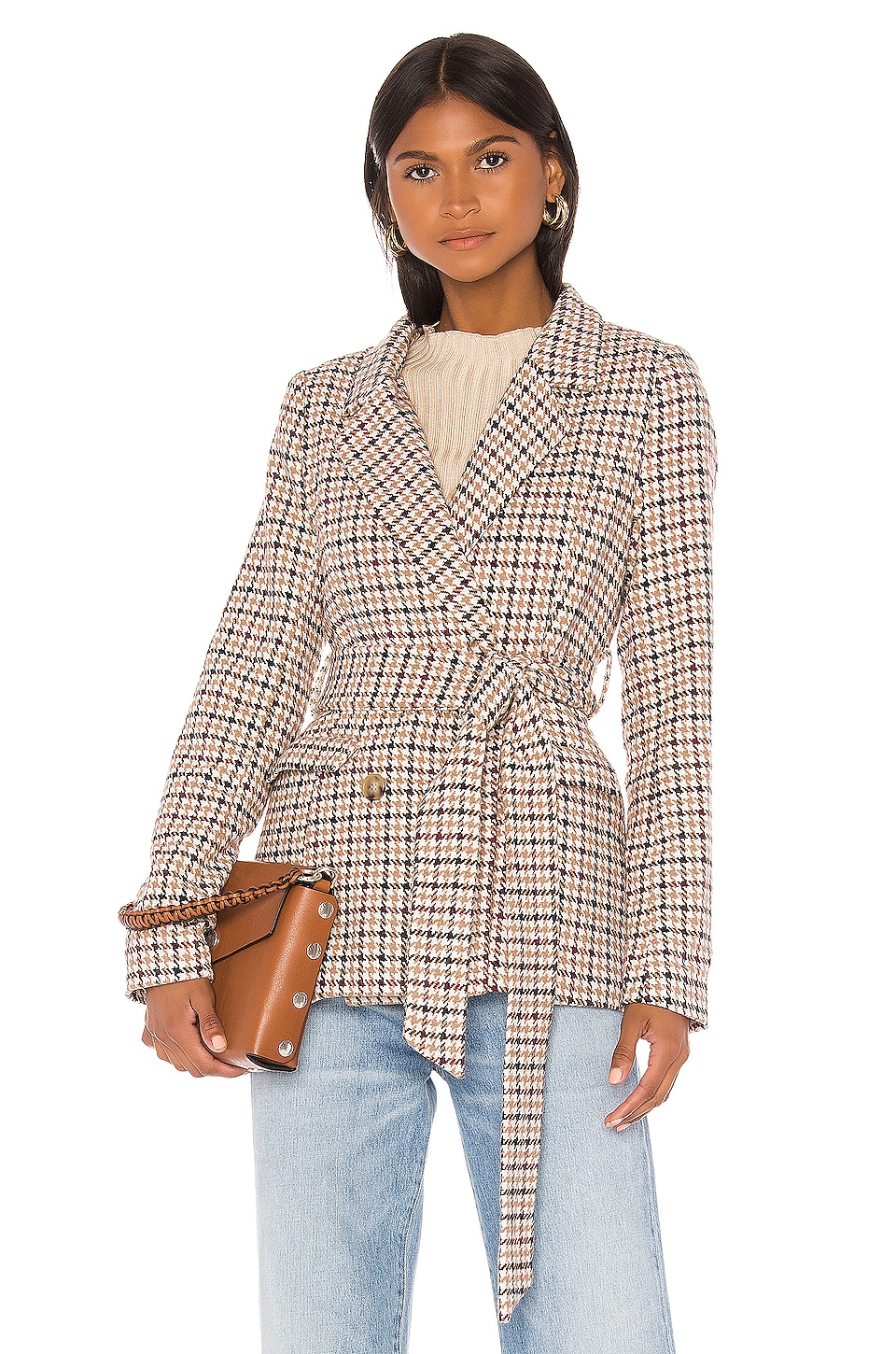 Line & Dot Check Waist Tie Blazer in Camel, Black & Wine