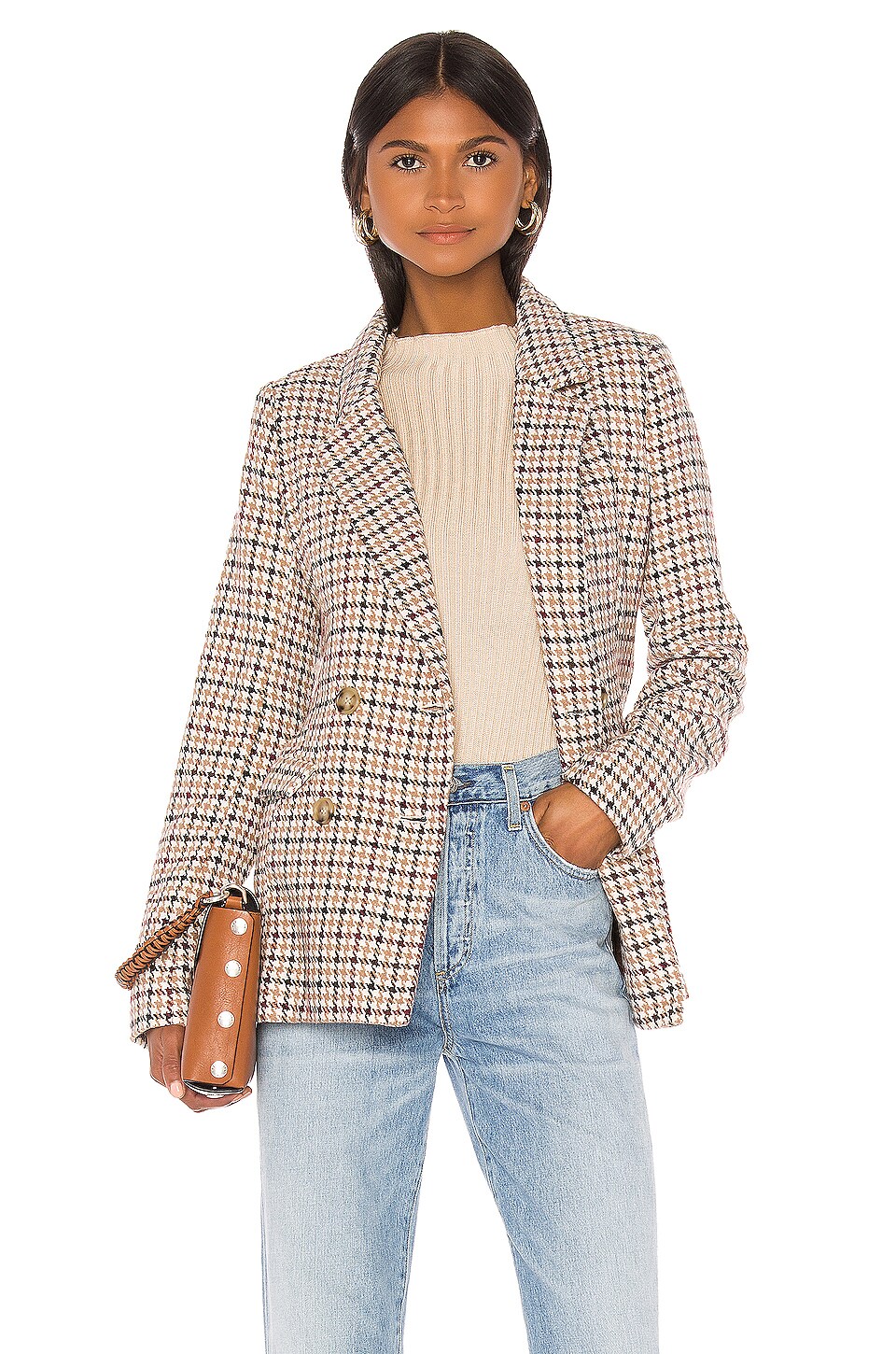 Line & Dot Check Waist Tie Blazer in Camel, Black & Wine