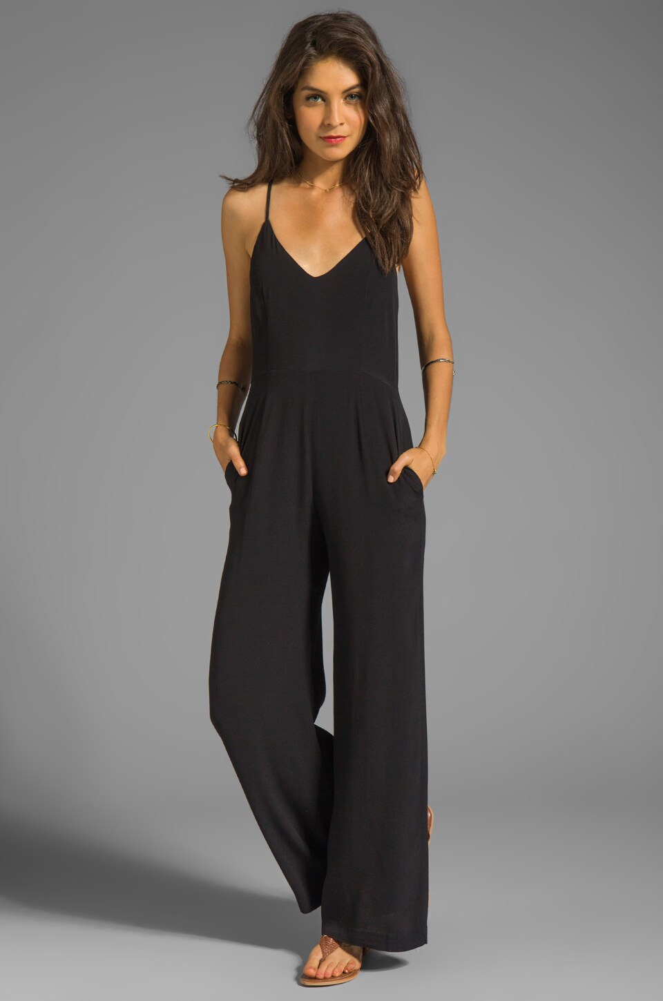 Line & Dot Deep V Jumpsuit in Black | REVOLVE