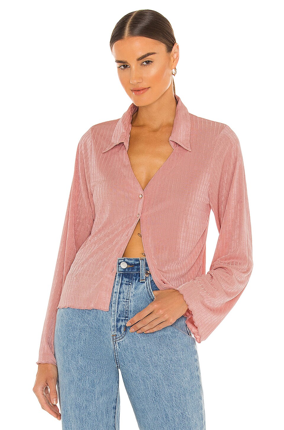 Line & Dot Jeanie Slinky Ribbed Top With Pearl Buttons Pink