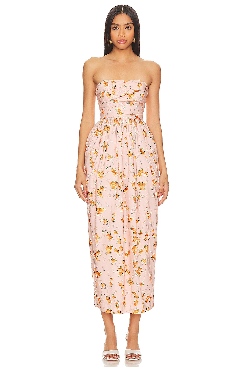 open lace back dress Amaya Strapless Chiffon Maxi Dress / Koi Orchid Print | Meshki main image 1