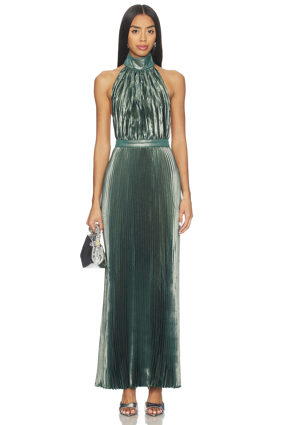 l'ide deesse halter pleated column maxi dress L'IDEE Deesse Gown in Moss