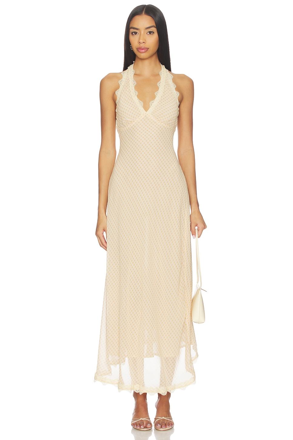 lioness halter neck back split midi dress in beige stripe La Lune Low Bk Halter Neck Midi Dress main image 1