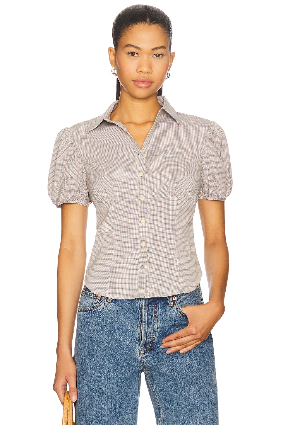 LIONESS Mon Cheri Blouse in Beige Gingham | REVOLVE