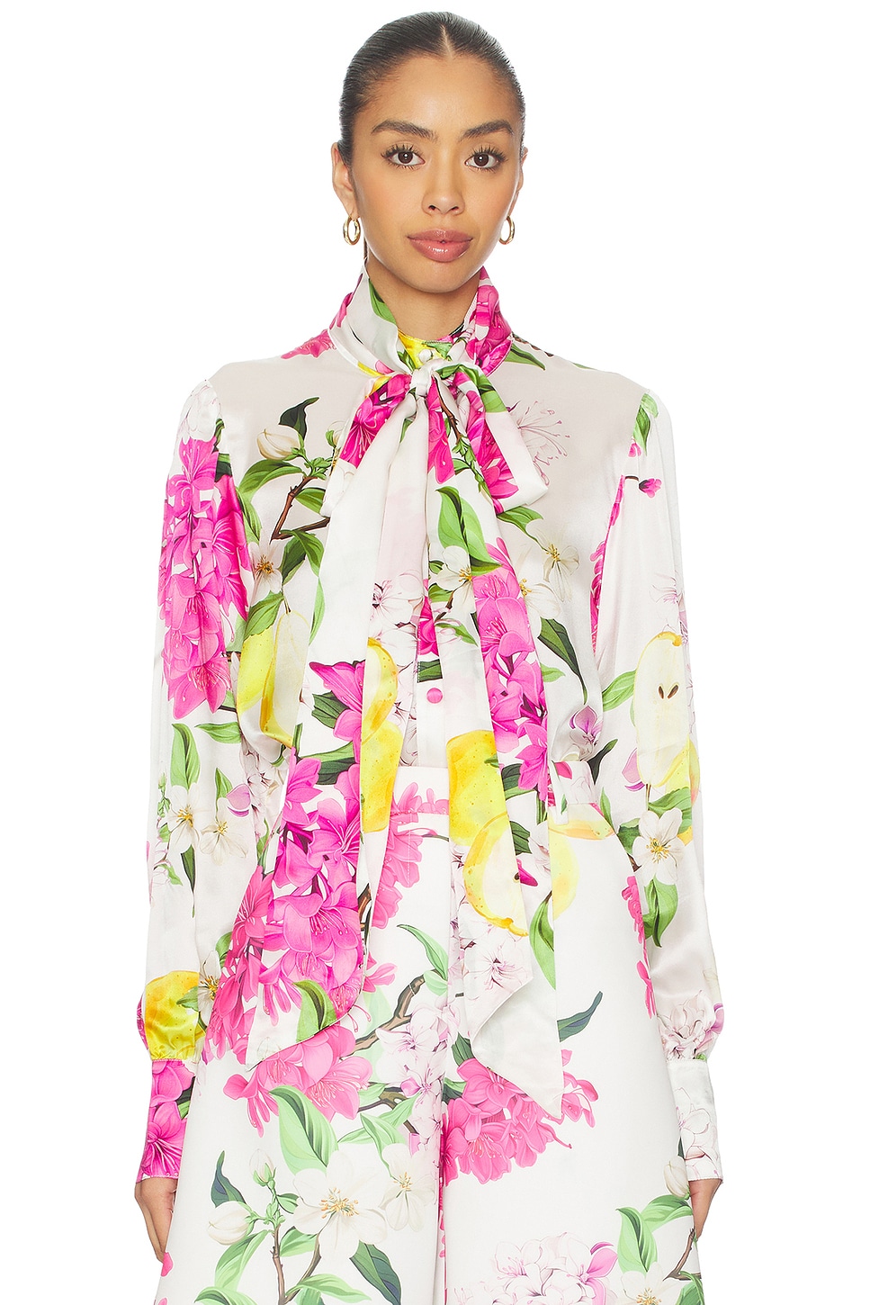 LEO LIN Freya Tie Neck Blouse in Floral Pear Print | REVOLVE