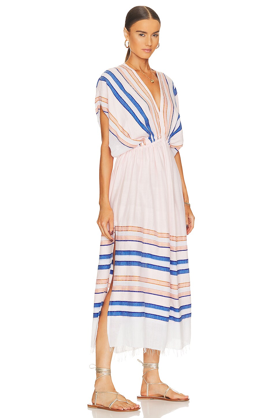Lemlem Eskedar Plunge Neck Dress in Stripe Seashell