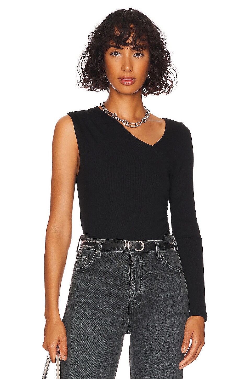 LNA Sia Ruched One Shoulder Rib Top in Black | REVOLVE