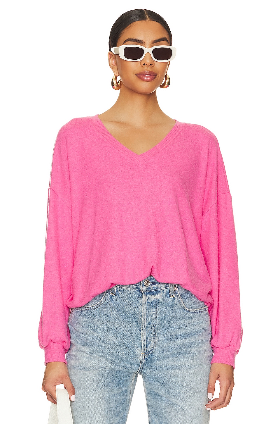 Image 1 of Brushed V Neck Pullover in Pink