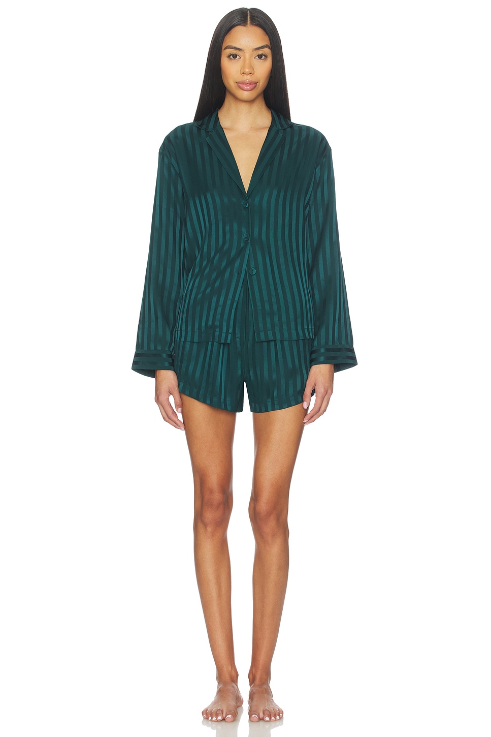 Washable Silk Striped Jacquard Button Up Long Sleeve Short Set