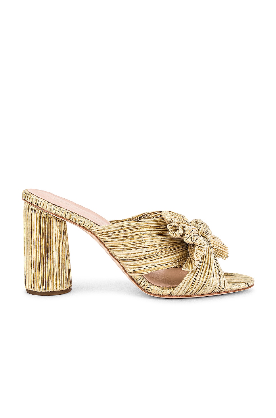 Loeffler Randall Penny High Heel Pleated Knot Slide in Gold | REVOLVE