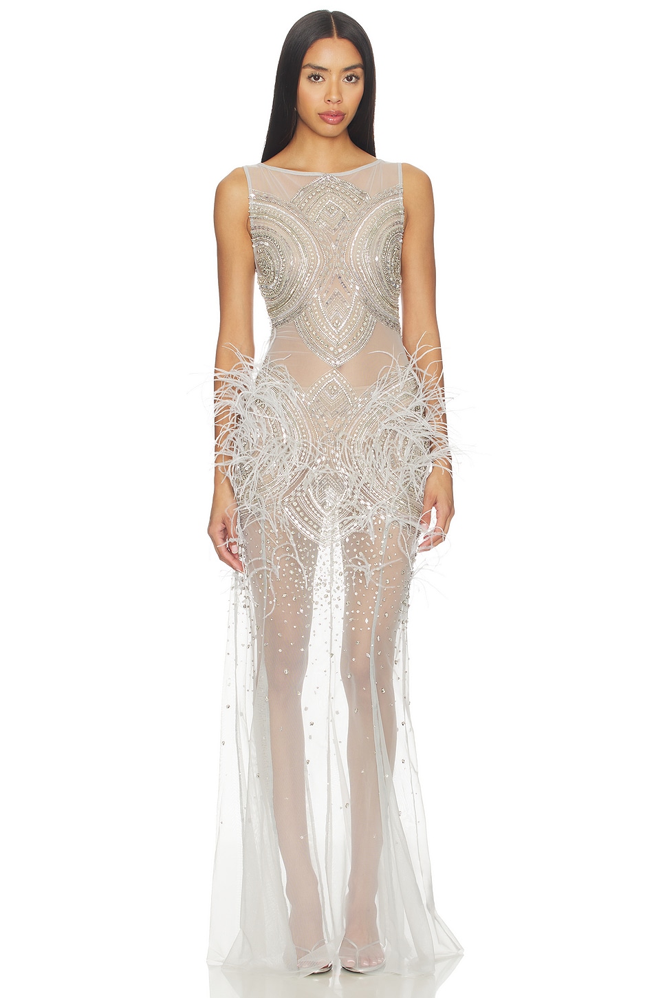 Mosaic Crystal Embroidery Sleeveless Boatneck Gown