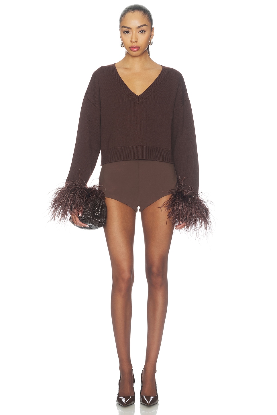 LAPOINTE Merino Cropped V Neck Sweater With Feather Cuff