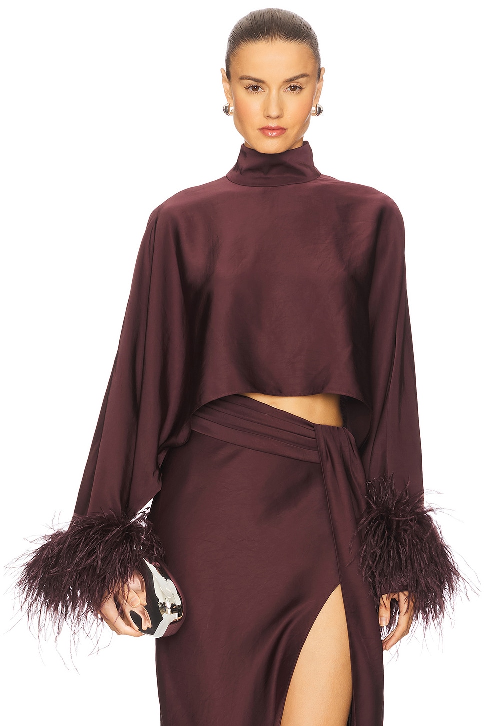 Lightweight Satin Caftan Top With Feathers