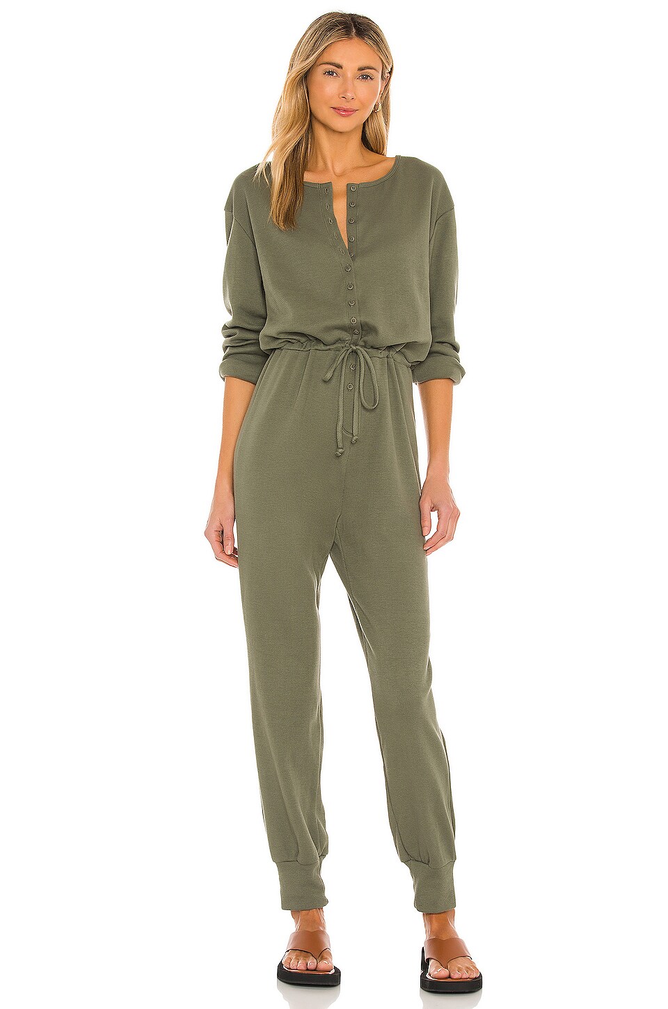Lovers and Friends Long Sleeve Henley Jumpsuit Army Green