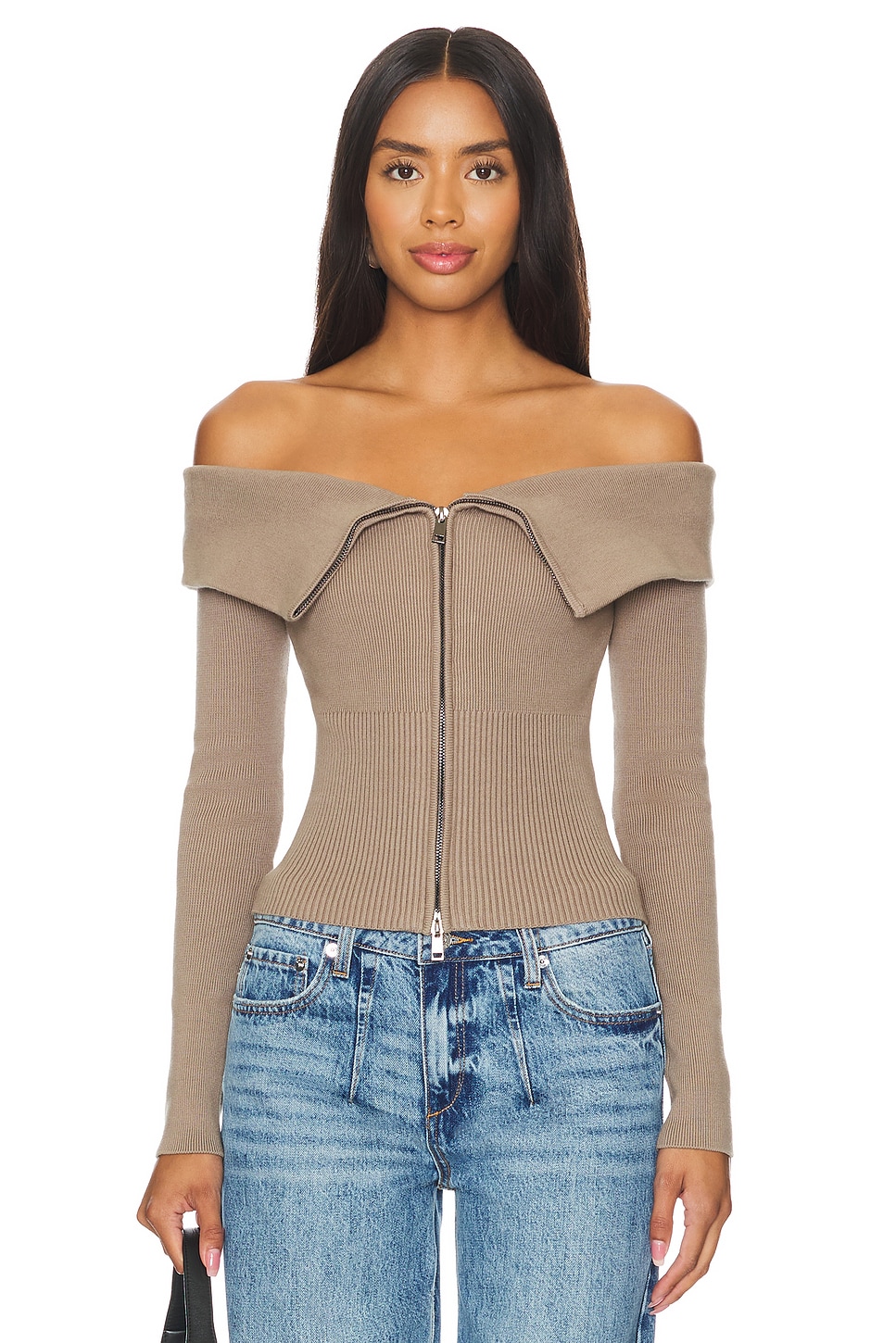 Off the shoulder zipper sweater best sale