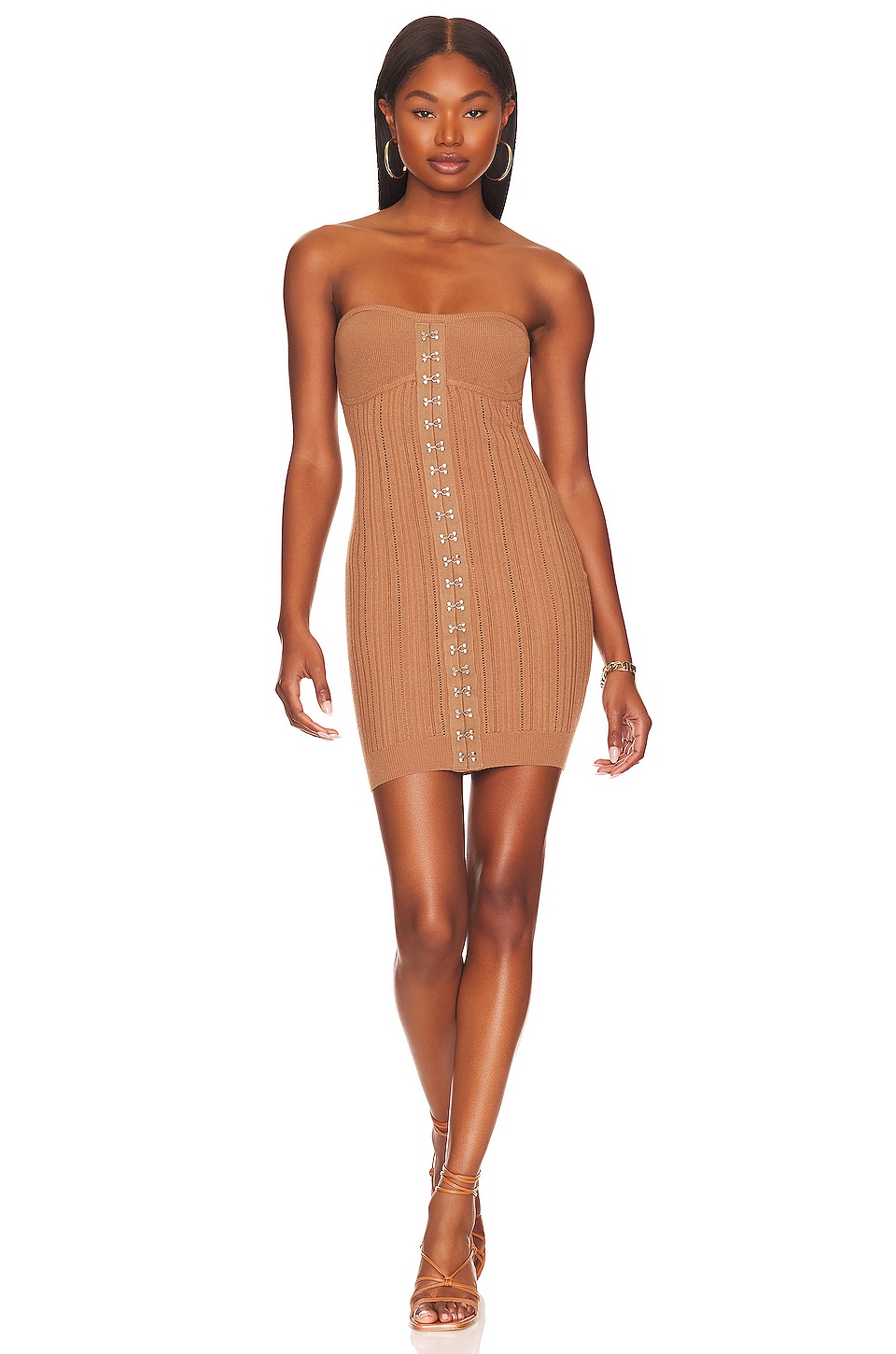 LPA Jenue Pointelle Strapless Mini Dress in Camel | REVOLVE