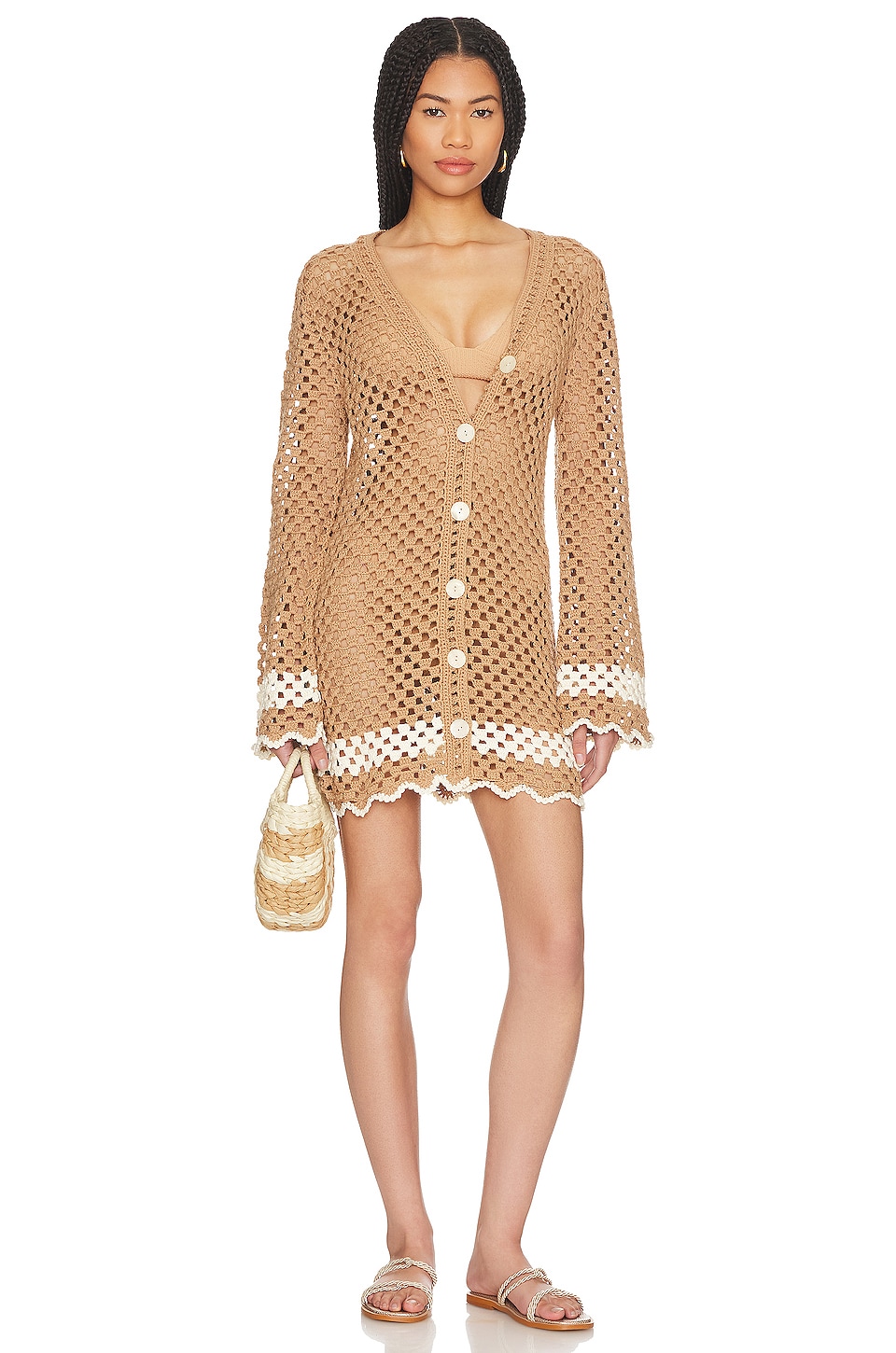 Image 1 of Lanita Crochet Mini Dress in Tan & Ivory