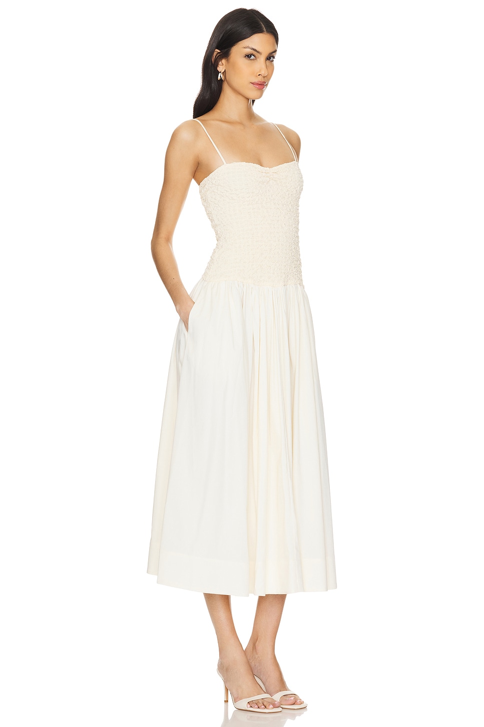 Stacci Sastre Reed LPA Stacci Midi Dress in Beige & Cream | REVOLVE