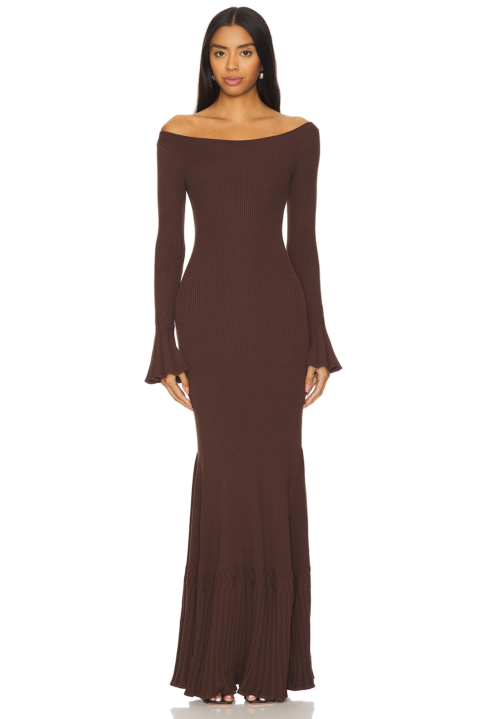 リルアー　drape design dress M-Long brown KENNY BROWN DRAPED FULL SLEEVES NET DRAPED GOWN | CULT MIA | Deme