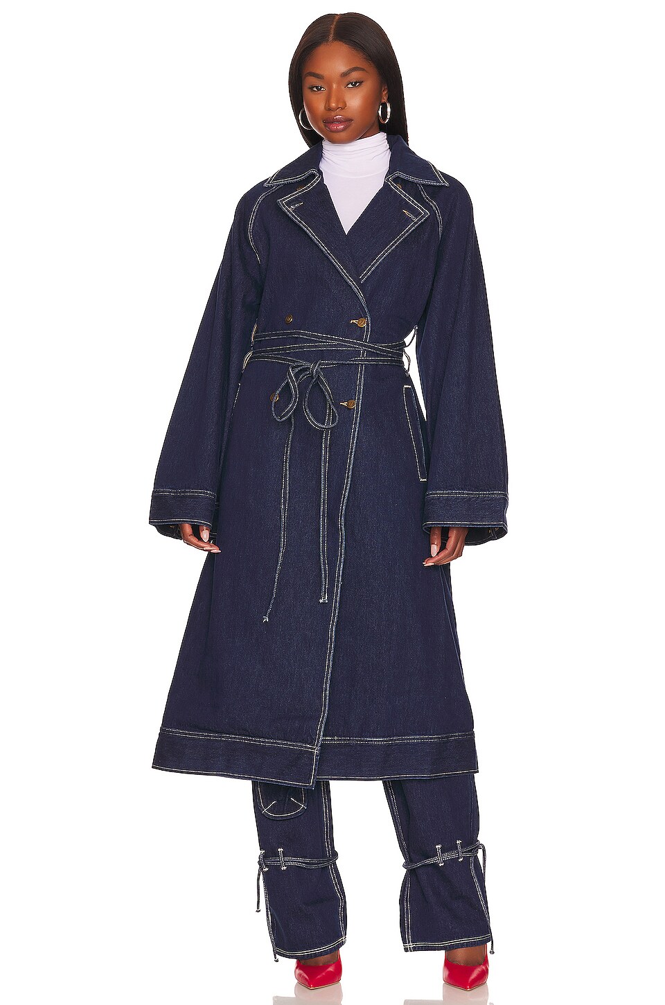 LPA Vivi Denim Trench Coat in Indigo Dark Rinse