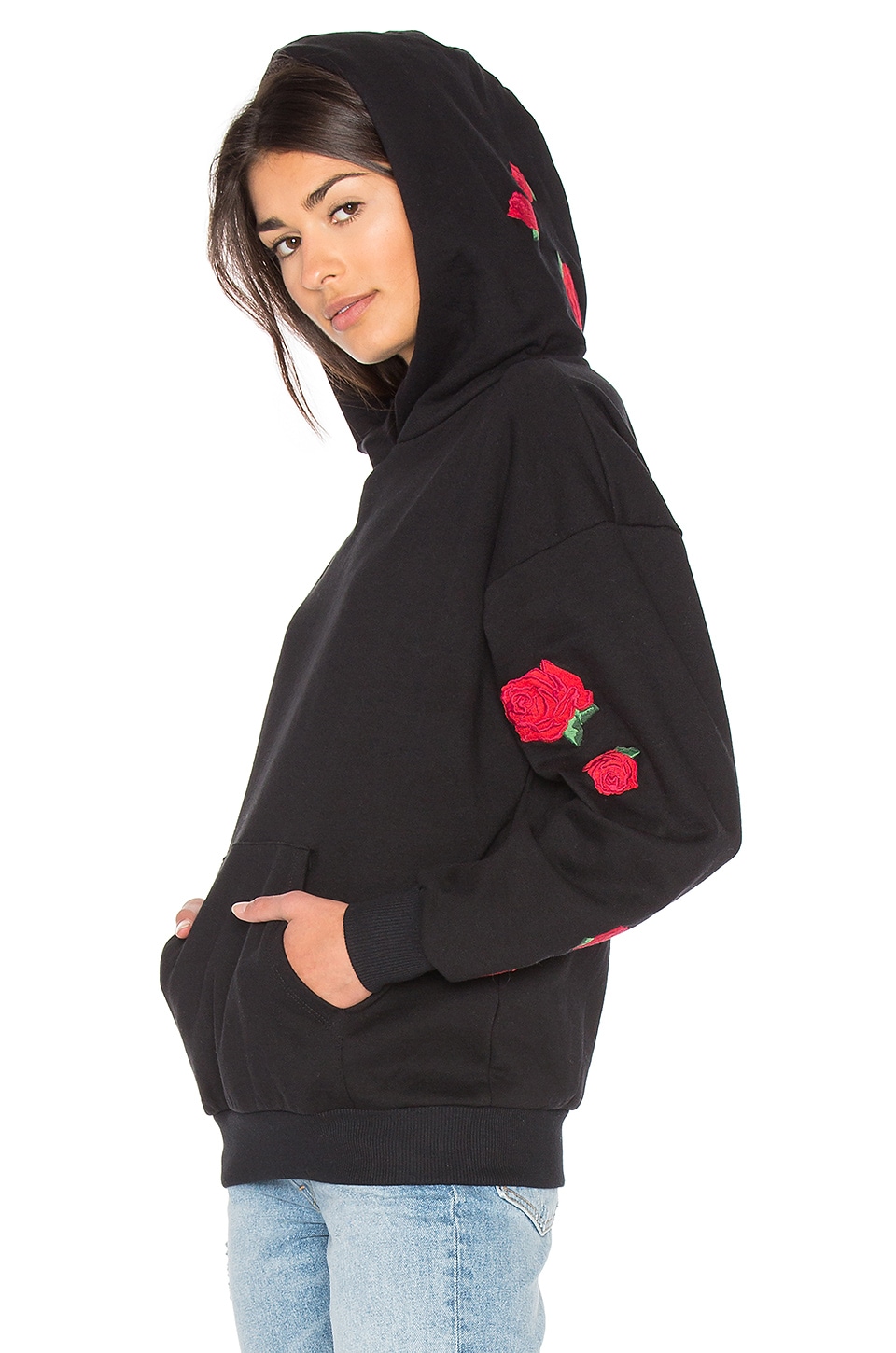 black hoodie with roses