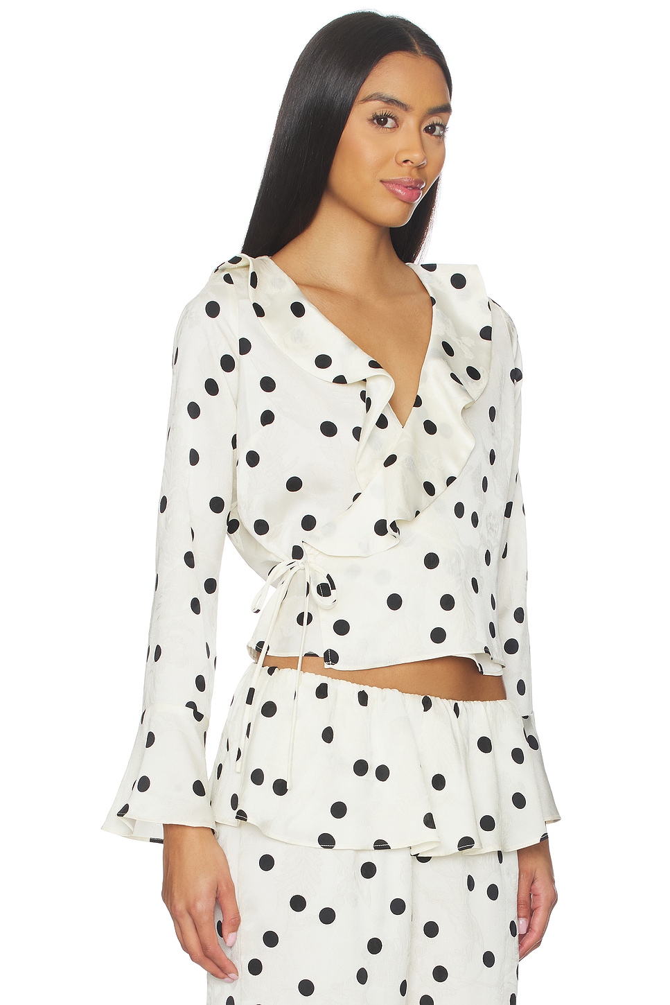 Revolve Model Lisa Lisa Says Gah Ricki Wrap Top in White Dot | REVOLVE