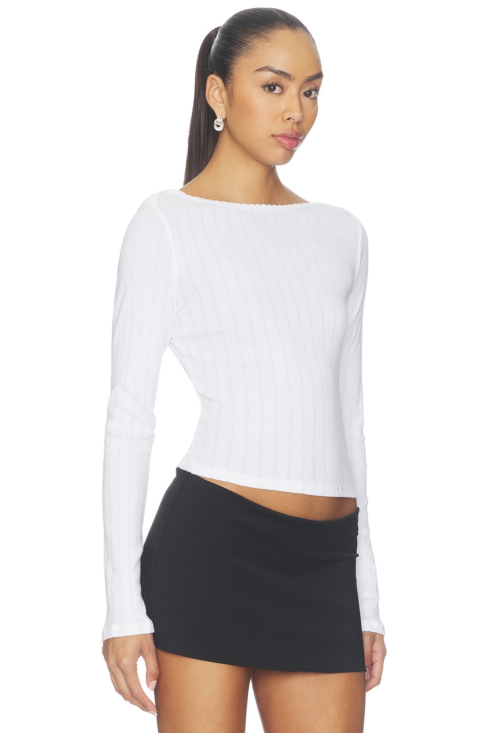 LESET Pointelle Long Sleeve Bateau Top