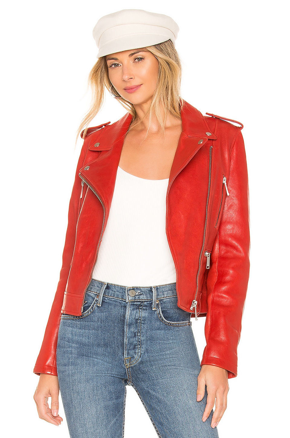 Lth Jkt Dre Beltless Biker Jacket In Fire Red Revolve