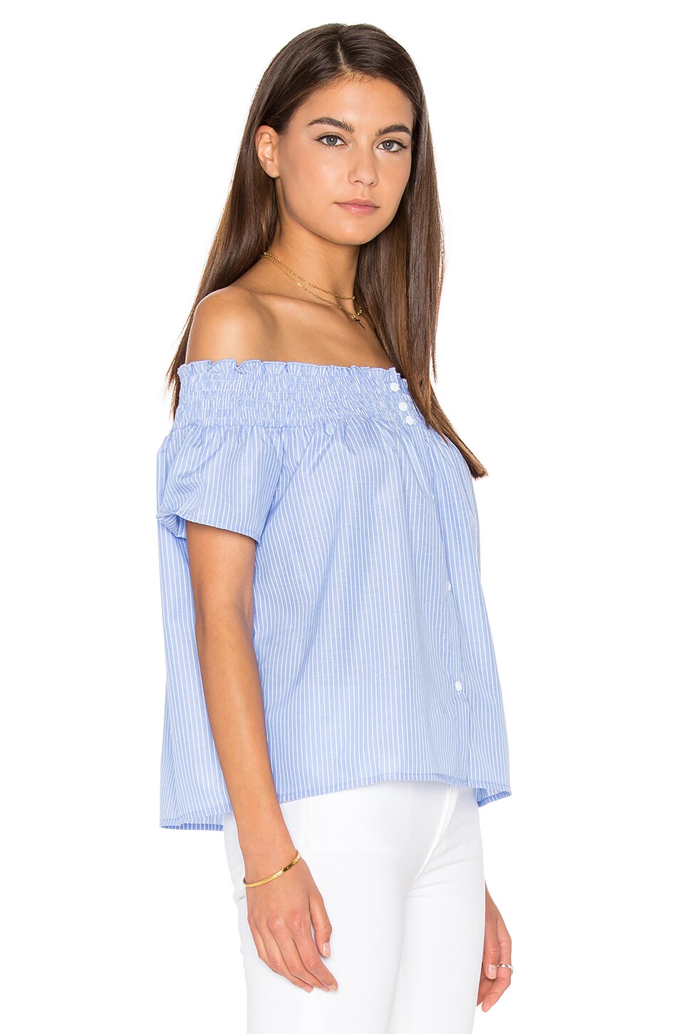 Lucca Couture Off Shoulder Top in Powder Blue Stripes