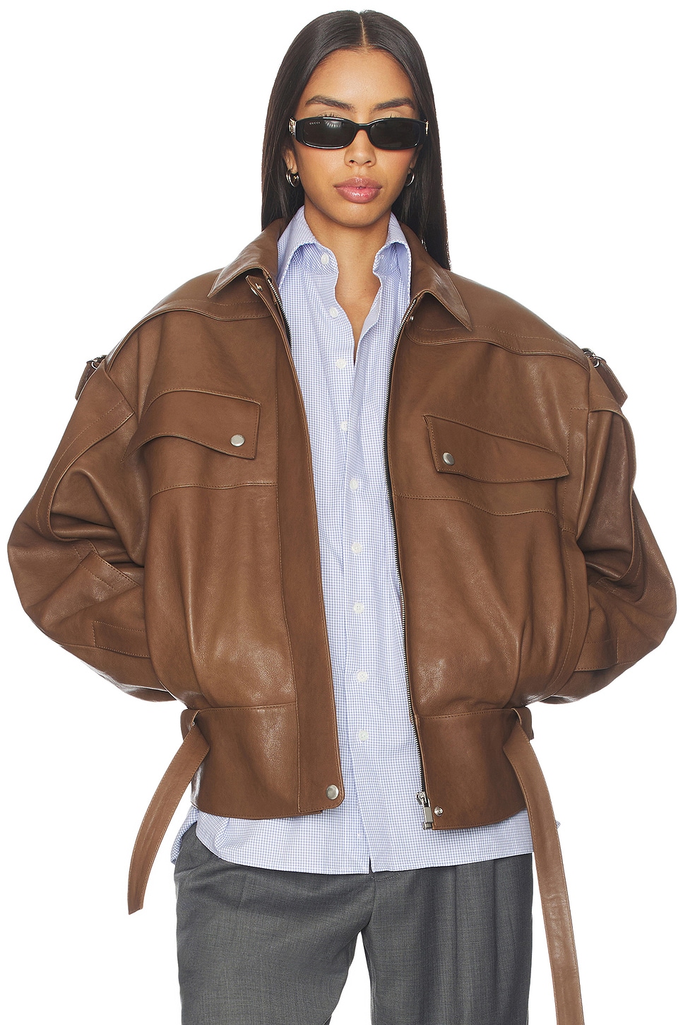 Belted Leather Bomber Jacket
