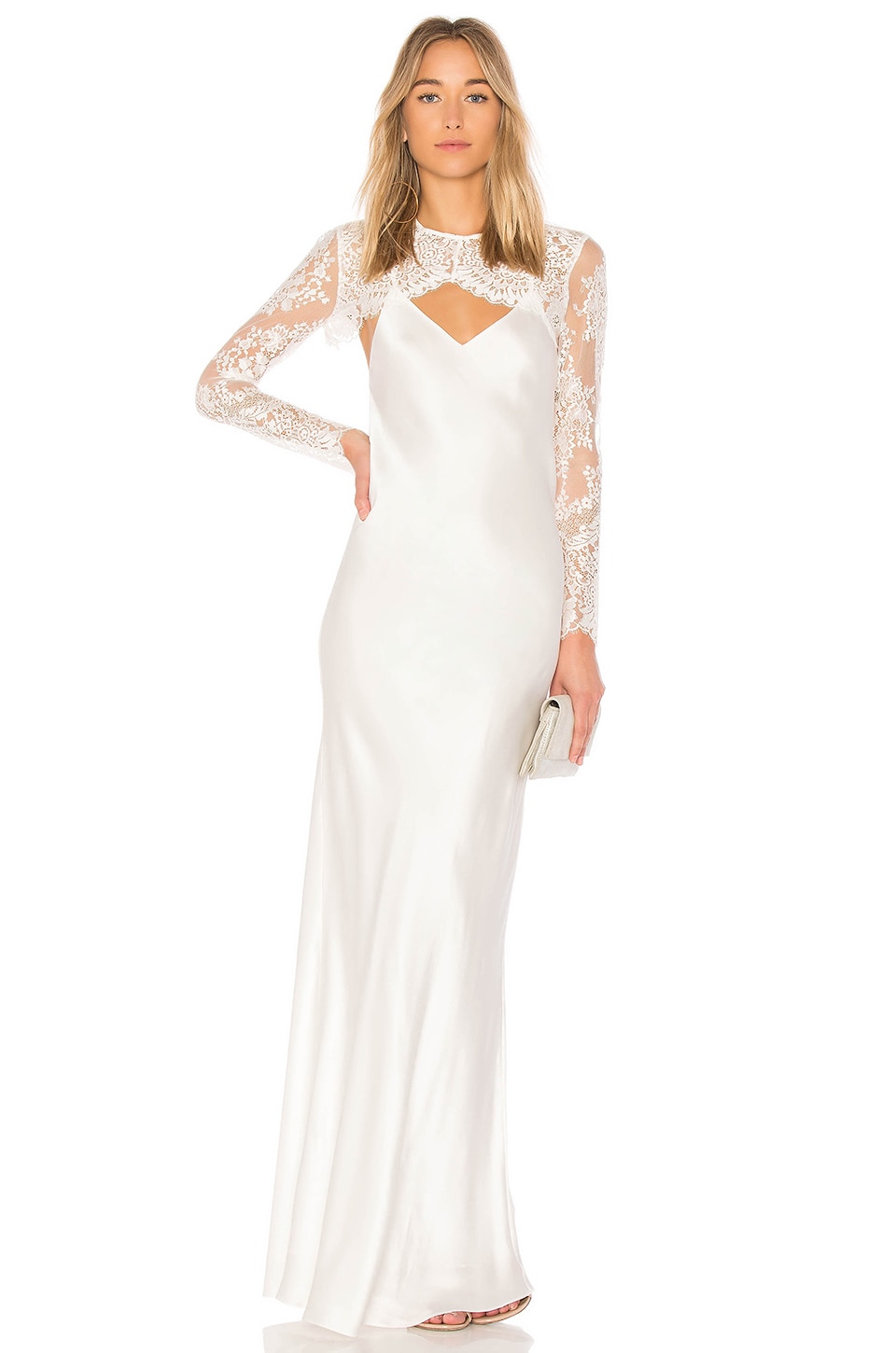 Michelle Mason x REVOLVE Bias Lace Shrug Gown in Ivory | REVOLVE