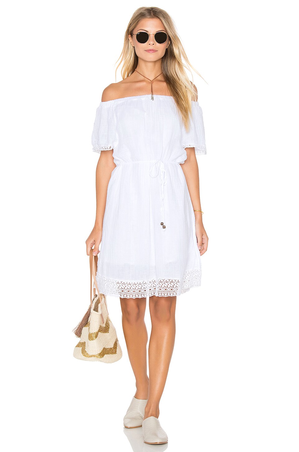 Michael Stars Double Gauze Lace Hem Off The Shoulder Dress in White | REVOLVE