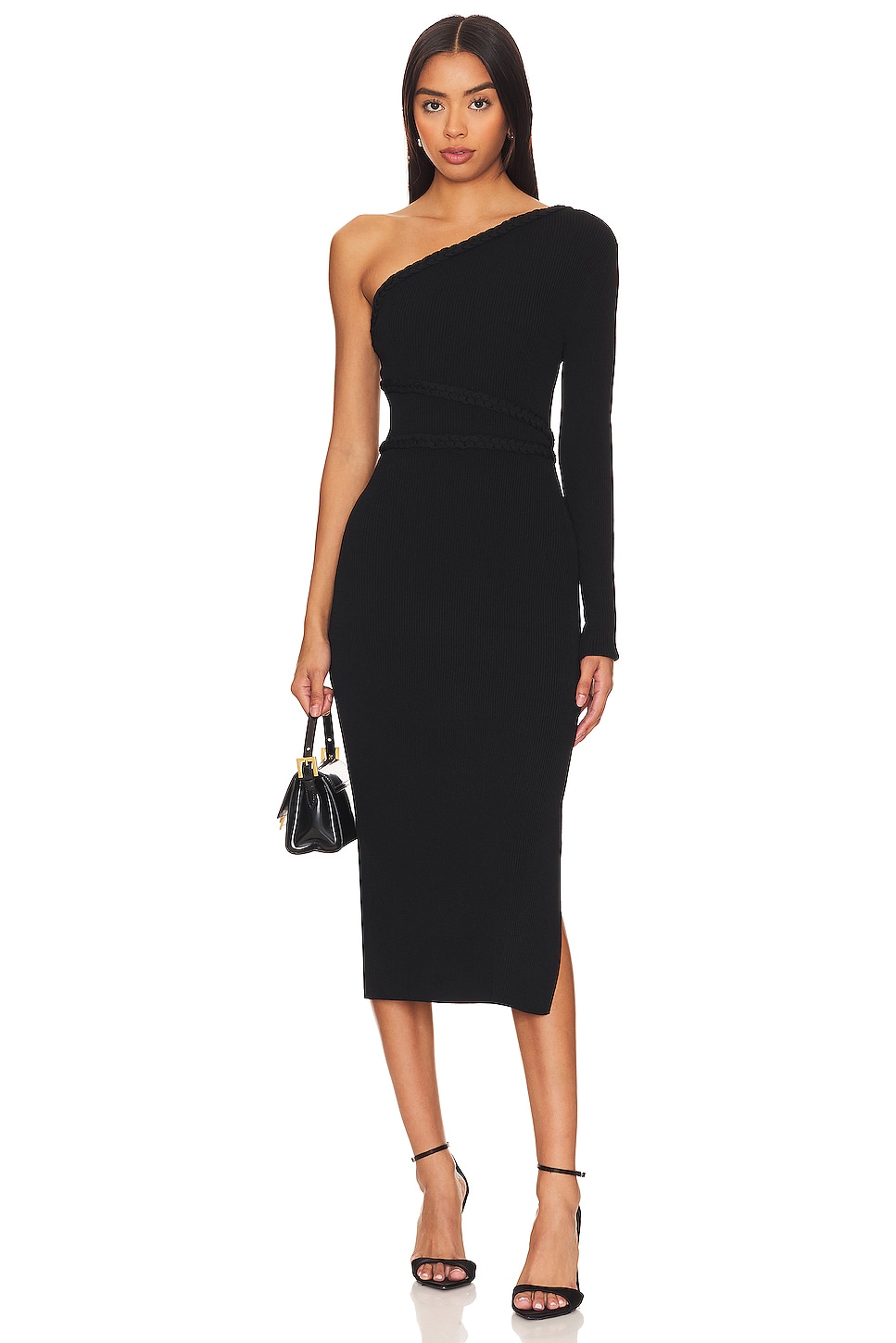 MILLY One Shoulder Braided Midi Dress in Black | REVOLVE